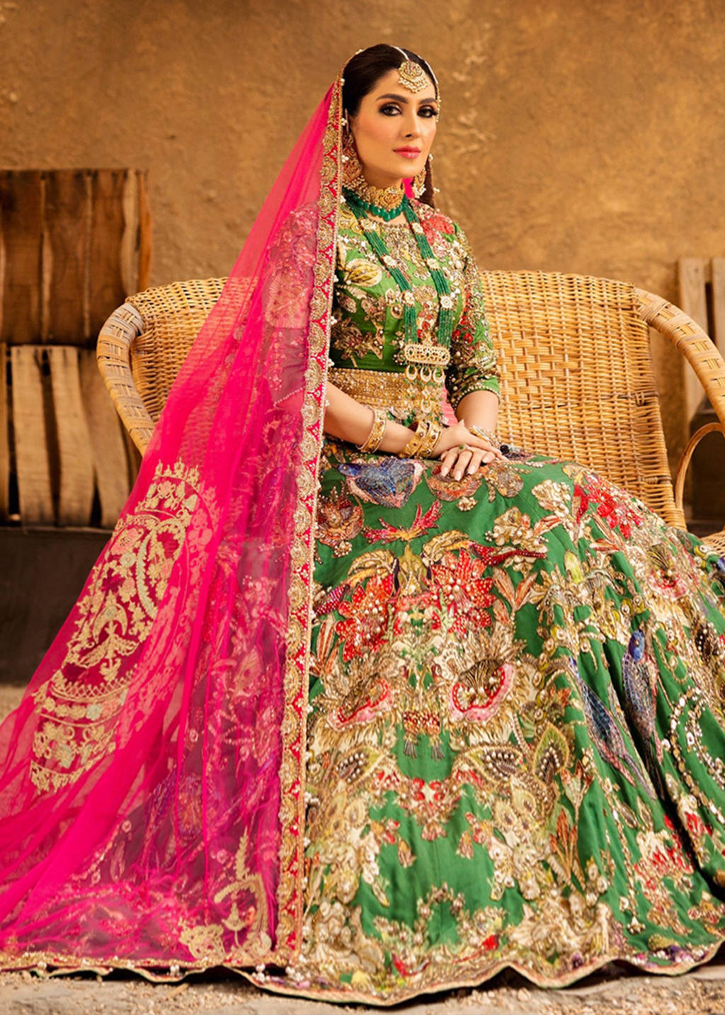 Green and Pink Aari Embroidered Silk Bridal Lehenga (3-Piece) - Image 3