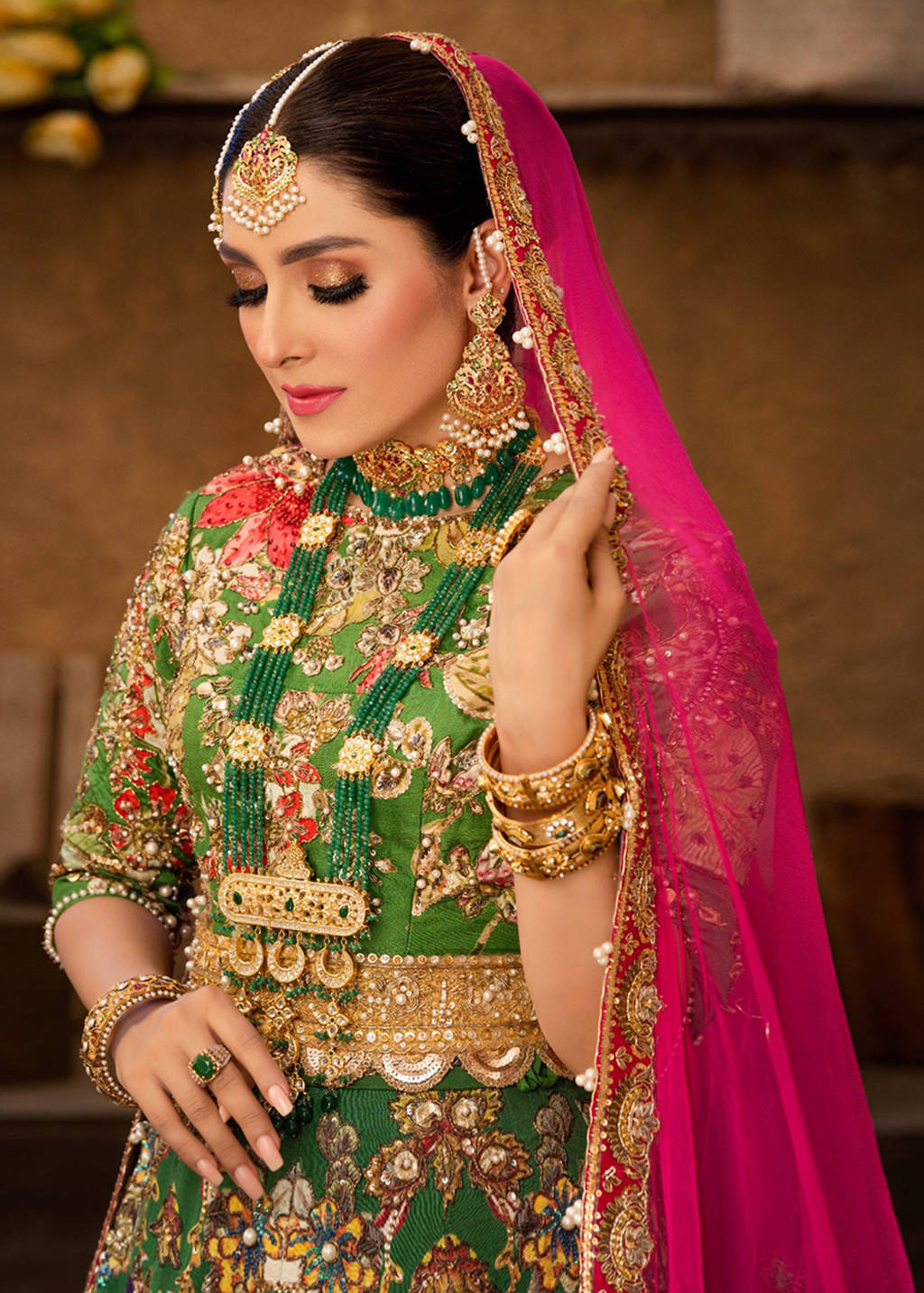 Green and Pink Aari Embroidered Silk Bridal Lehenga (3-Piece) - Image 5