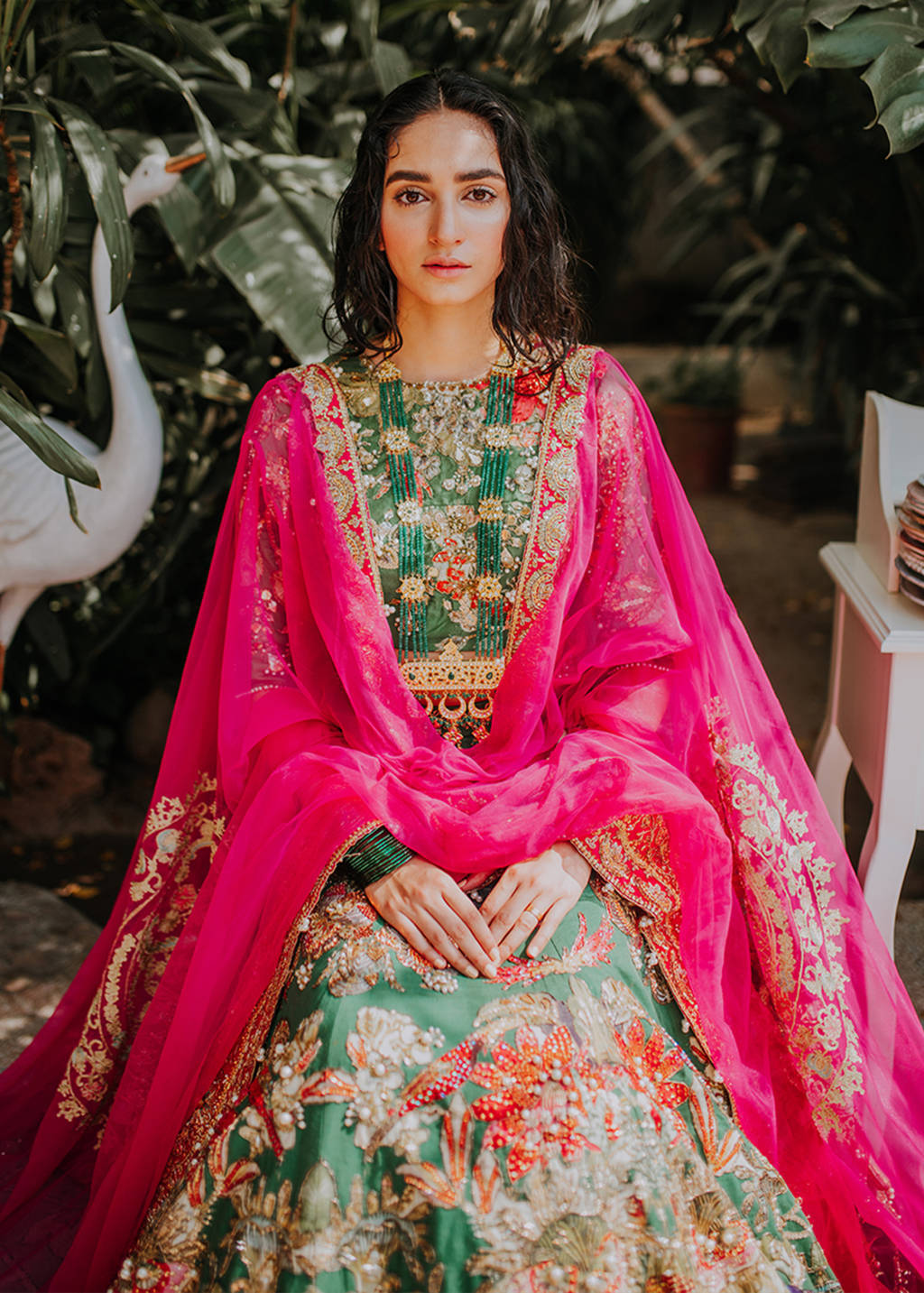 Green and Pink Aari Embroidered Silk Bridal Lehenga (3-Piece) - Image 6