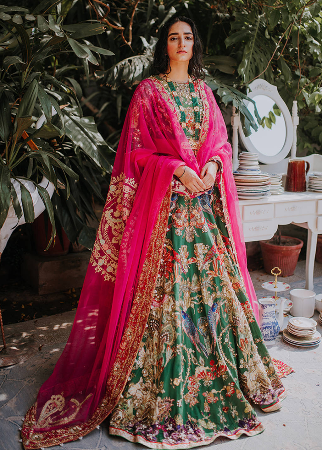 Green Aari Embroidered Silk Bridal Lehenga (3-Piece) - Image 1