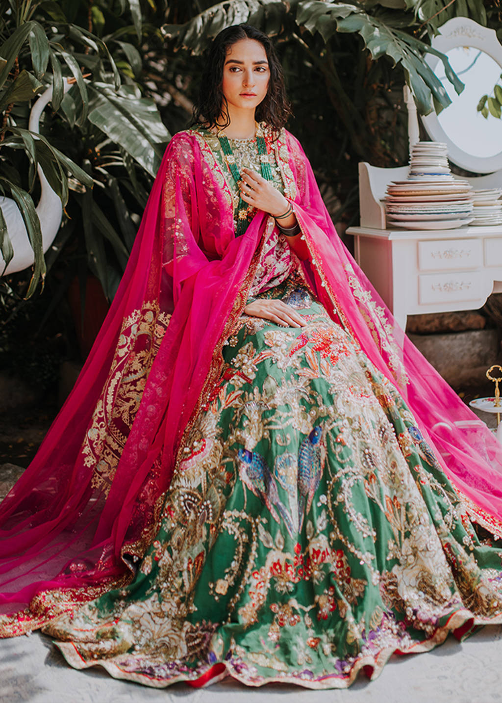 Green Aari Embroidered Silk Bridal Lehenga (3-Piece) - Image 4