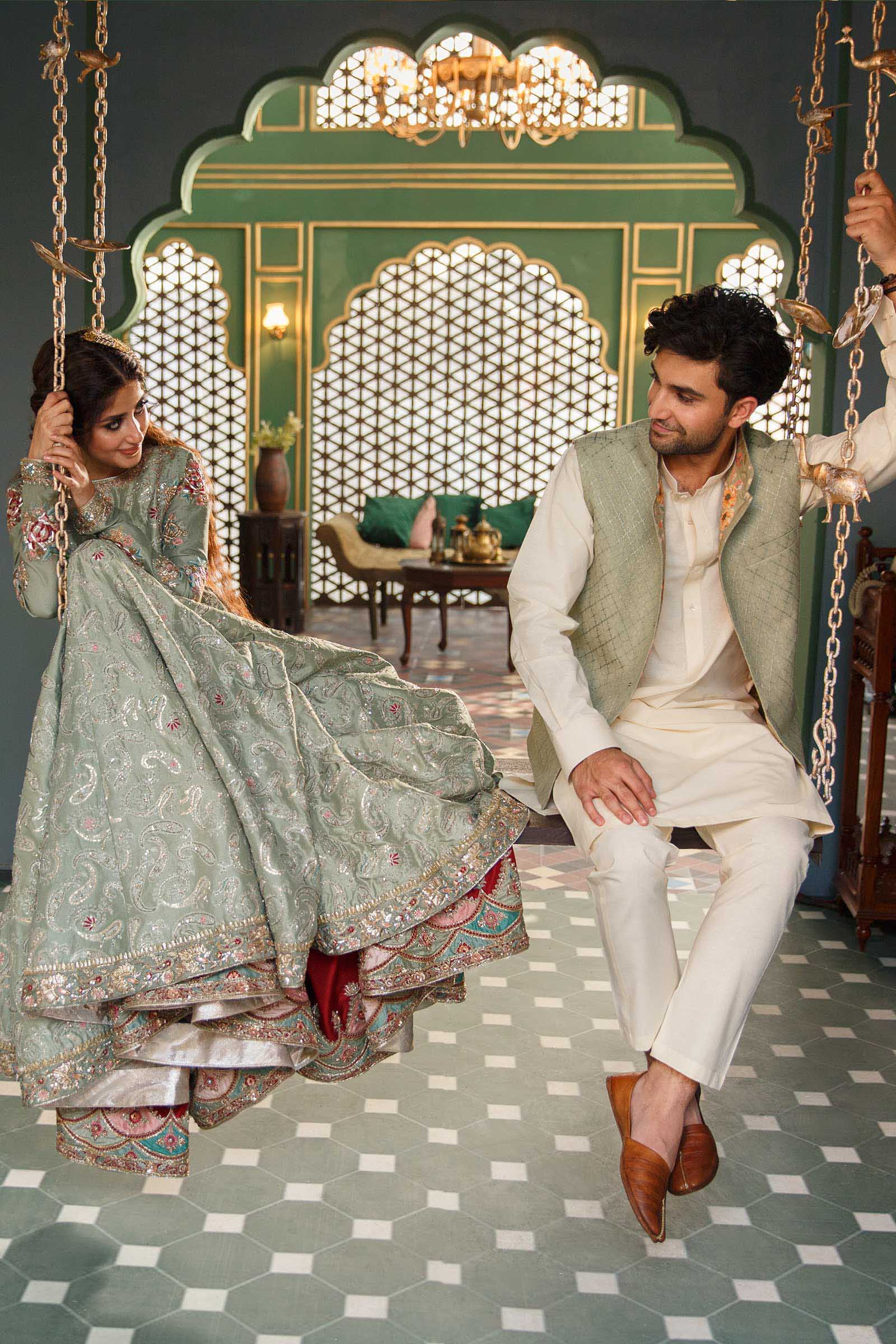 Pakistani Sage Green Embellished Silk Bridal Lehenga (3-Piece) - Image 1