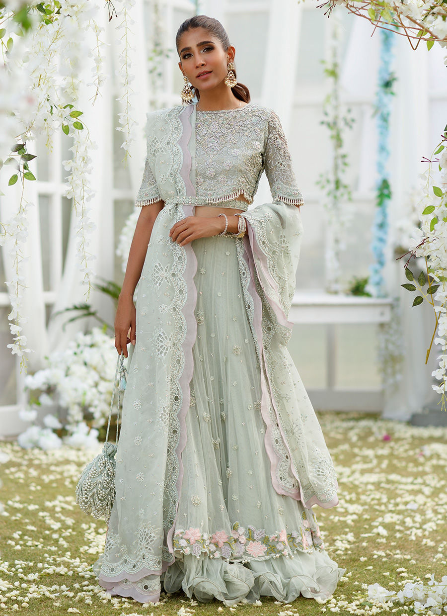Pakistani Mint Green Hand-Embellished Net Silk Lehenga Choli (3-Piece) - Image 1