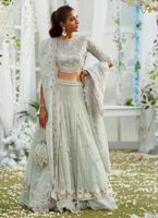 Pakistani Mint Green Hand-Embellished Net Silk Lehenga Choli (3-Piece) - Image 3