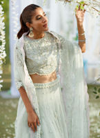 Pakistani Mint Green Hand-Embellished Net Silk Lehenga Choli (3-Piece) - Image 4