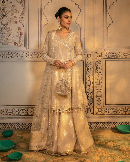 Pakistani Pistachio Grey Gold Embroidered Silk-Blend Bridal Lehenga (3-Piece) - Image 2