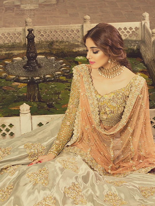 Pakistani Pistachio Grey Gold Embroidered Silk-Blend Bridal Lehenga (3-Piece) - Image 3