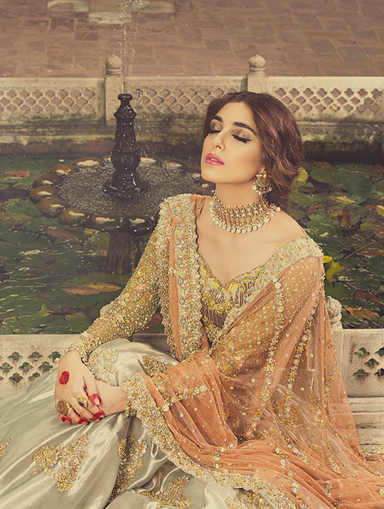 Pakistani Pistachio Grey Gold Embroidered Silk-Blend Bridal Lehenga (3-Piece) - Image 4