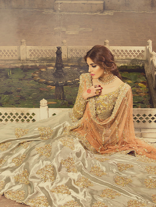 Pakistani Pistachio Grey Gold Embroidered Silk-Blend Bridal Lehenga (3-Piece) - Image 5