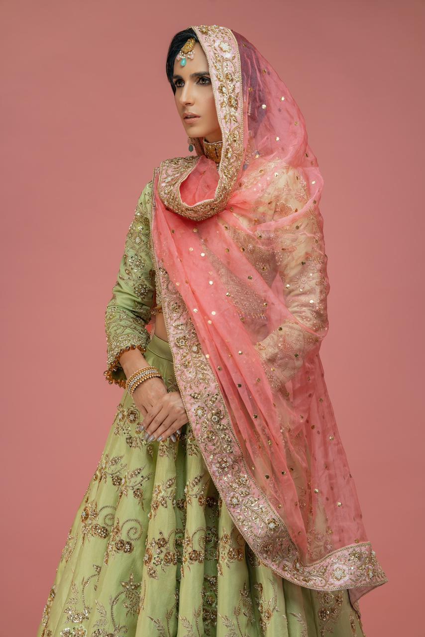 Pastel Green Embroidered Silk-Blend Lehenga (3-Piece) - Image 1