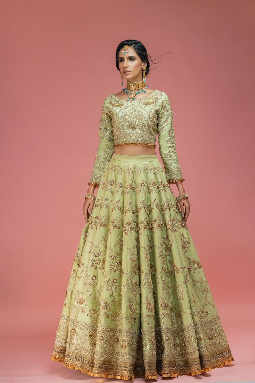 Pastel Green Embroidered Silk-Blend Lehenga (3-Piece) - Image 2