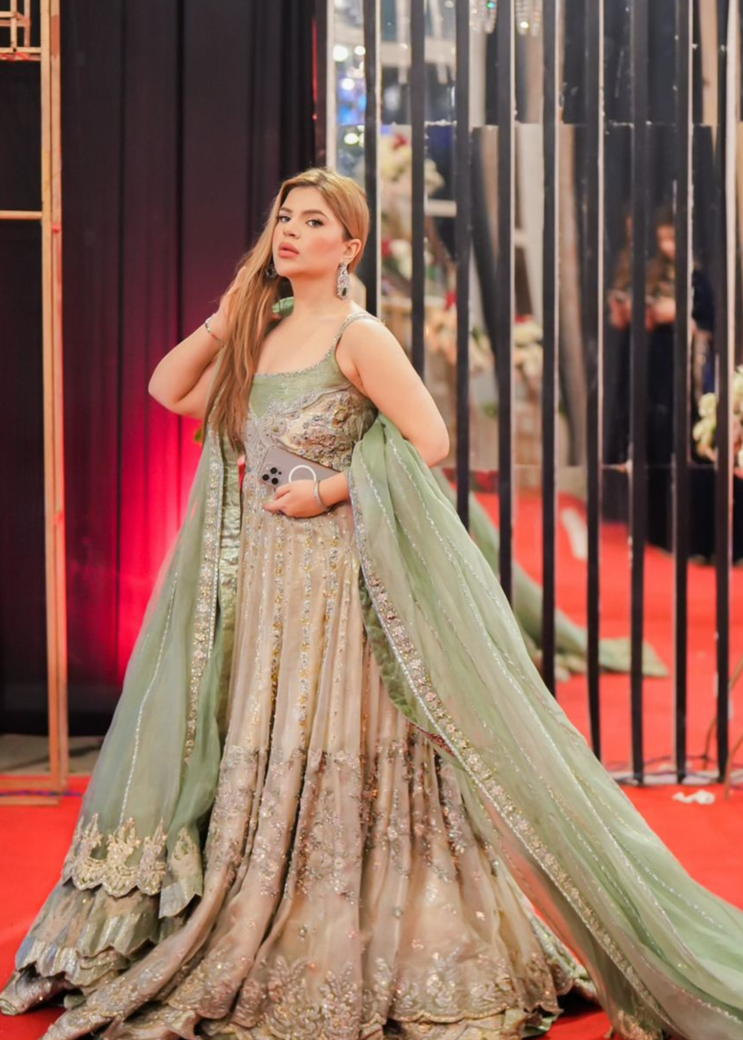 Pakistani Sage Green & Champagne Embellished Silk-Blend Bridal Lehenga (3-Piece) - Image 1