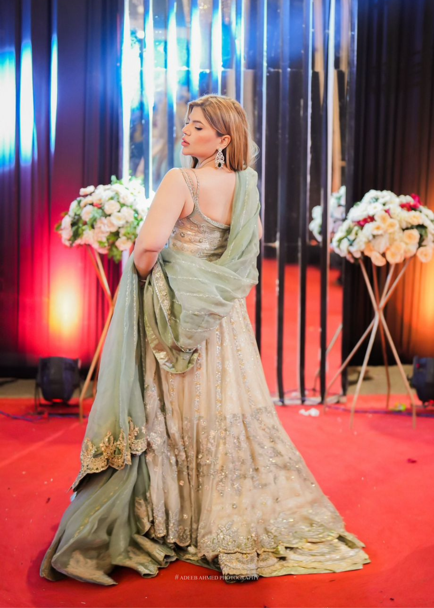 Pakistani Sage Green & Champagne Embellished Silk-Blend Bridal Lehenga (3-Piece) - Image 2