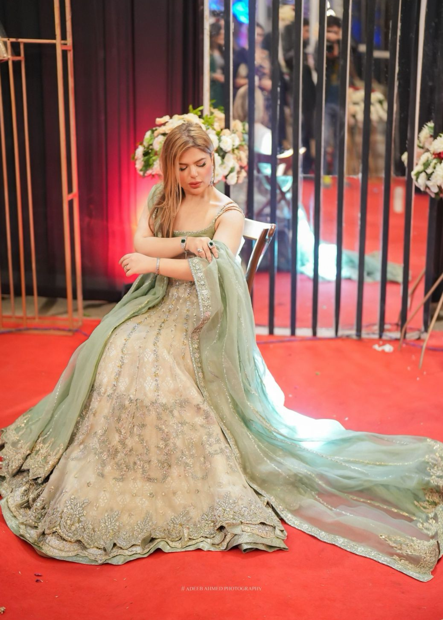 Pakistani Sage Green & Champagne Embellished Silk-Blend Bridal Lehenga (3-Piece) - Image 3