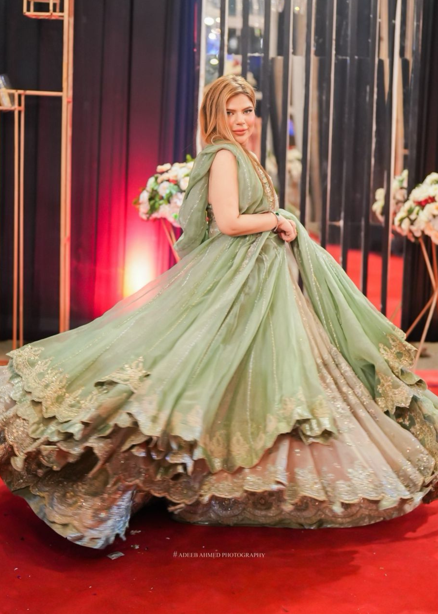 Pakistani Sage Green & Champagne Embellished Silk-Blend Bridal Lehenga (3-Piece) - Image 4