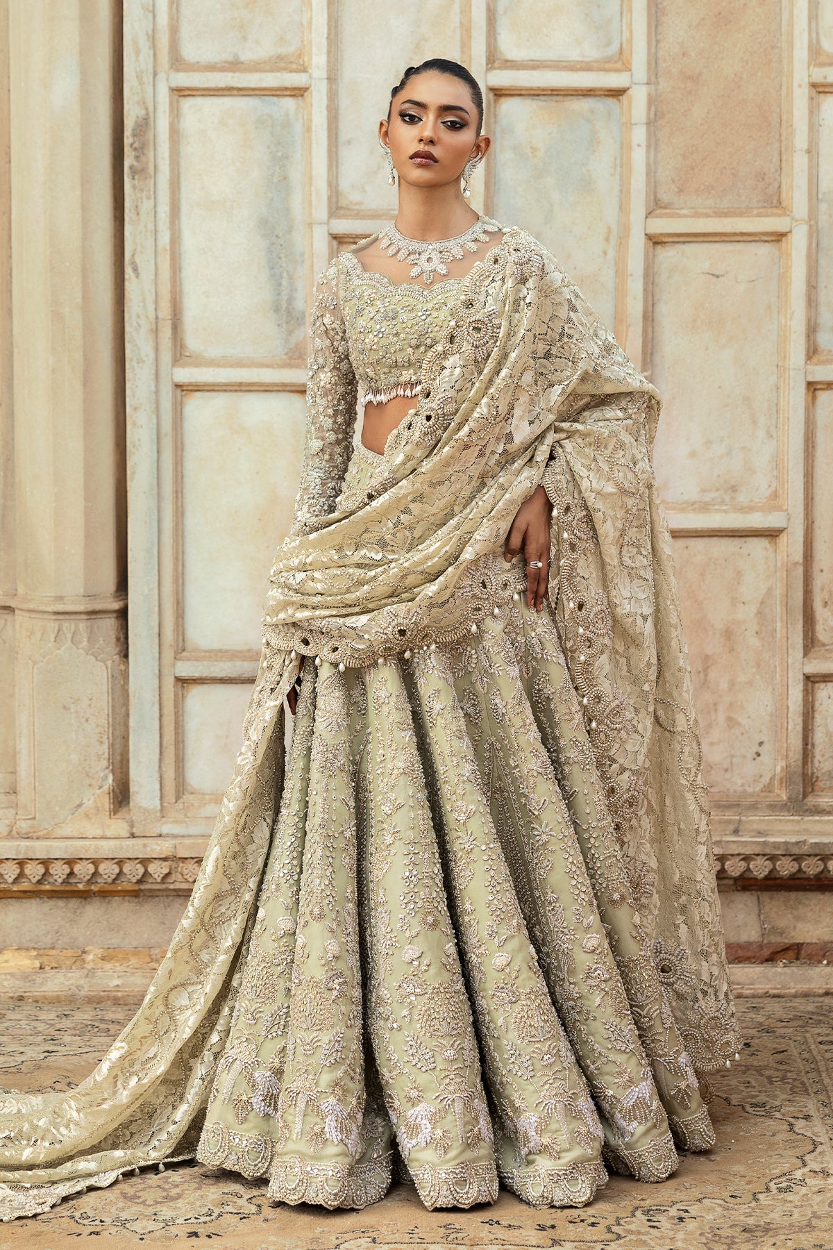 Pakistani Pistachio Green Embellished Silk Blend Lehenga (3-Piece) - Image 1