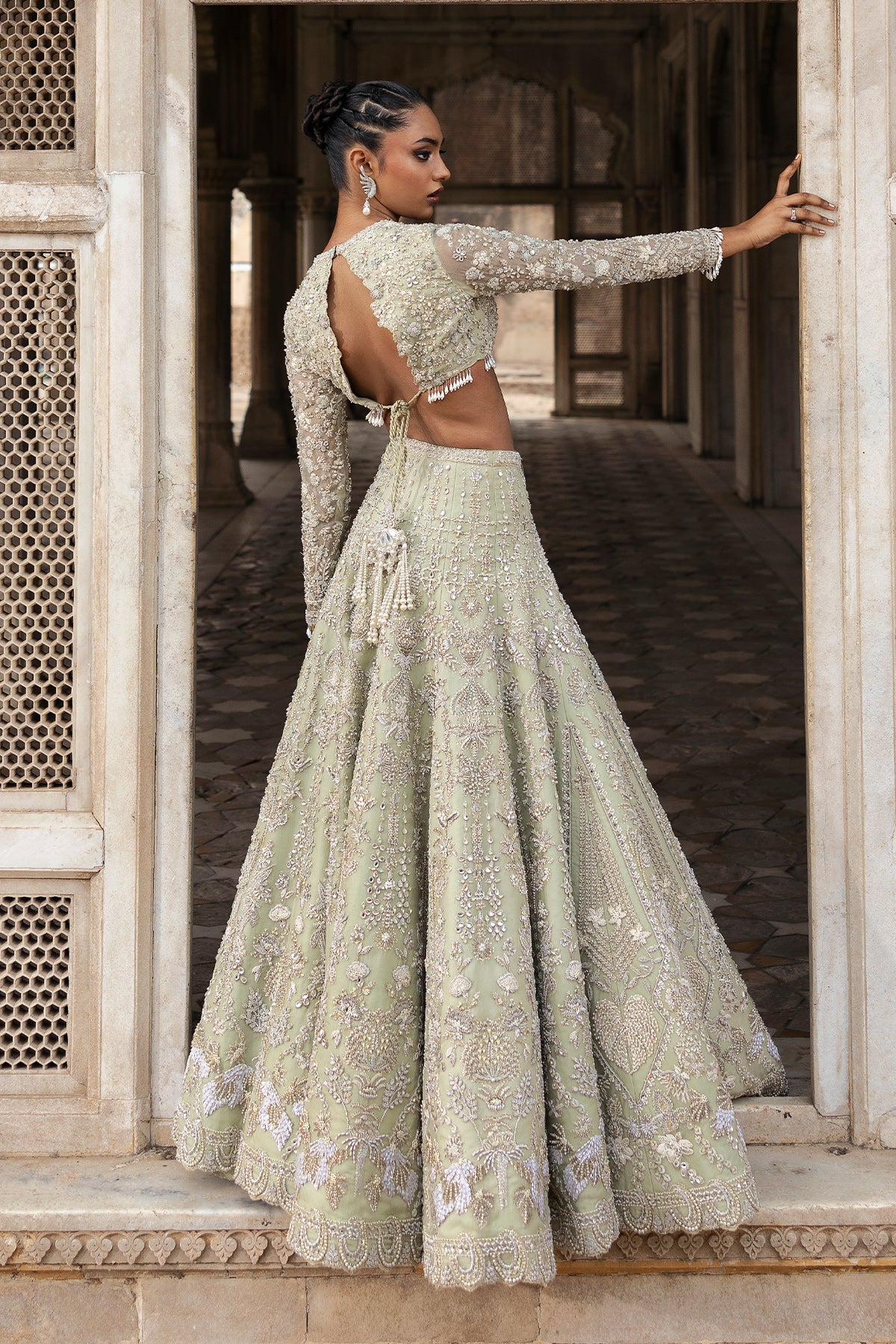 Pakistani Pistachio Green Embellished Silk Blend Lehenga (3-Piece) - Image 2