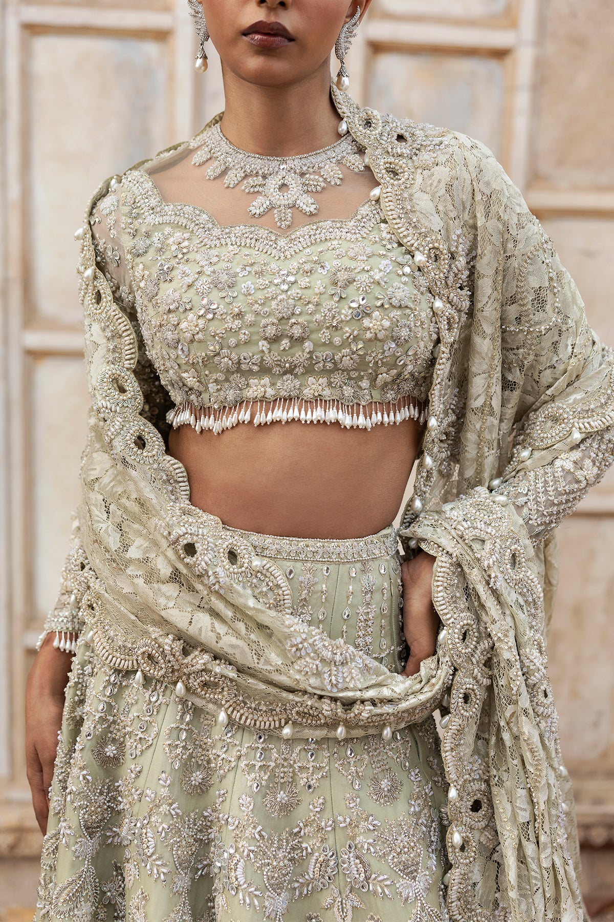 Pakistani Pistachio Green Embellished Silk Blend Lehenga (3-Piece) - Image 3