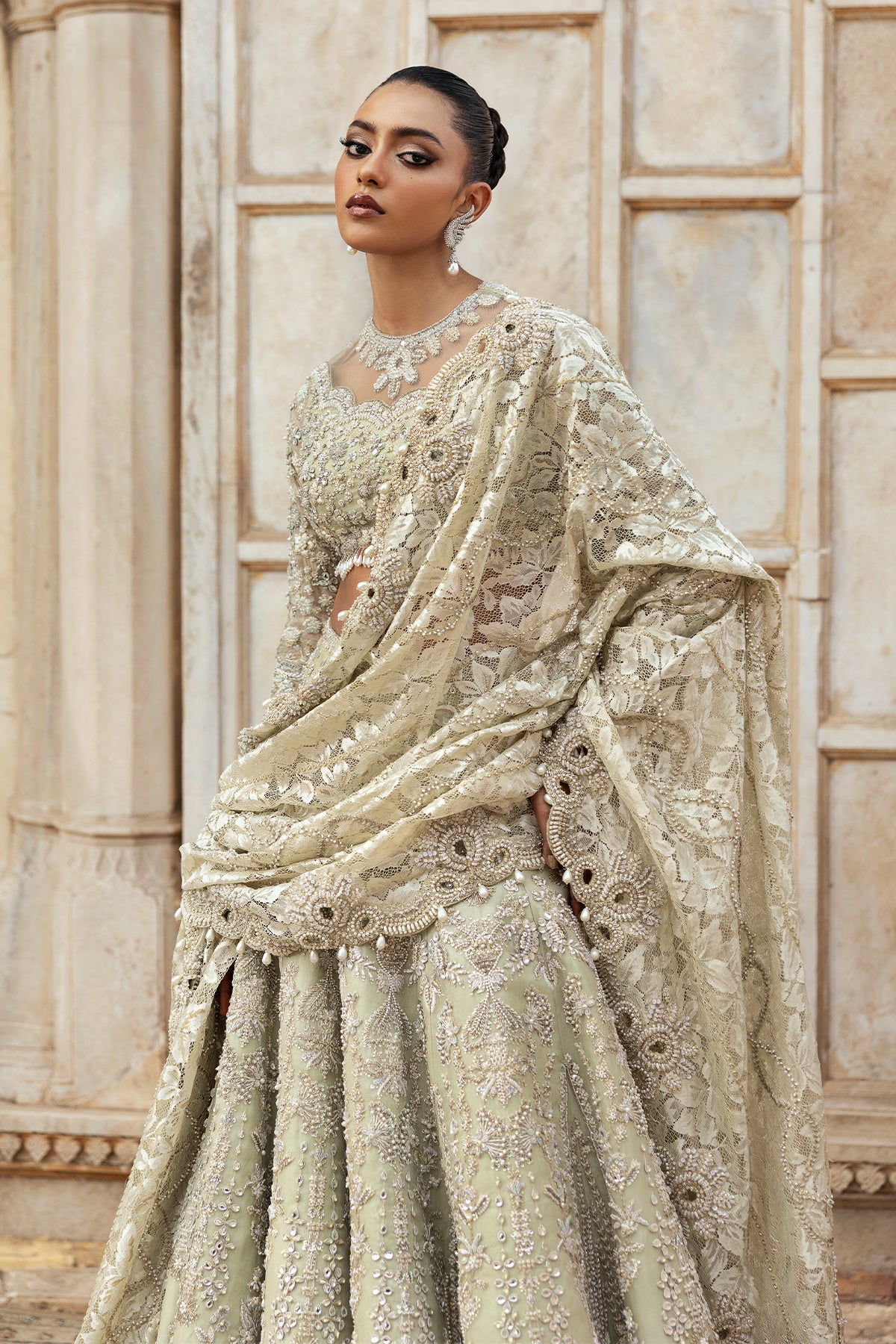 Pakistani Pistachio Green Embellished Silk Blend Lehenga (3-Piece) - Image 4
