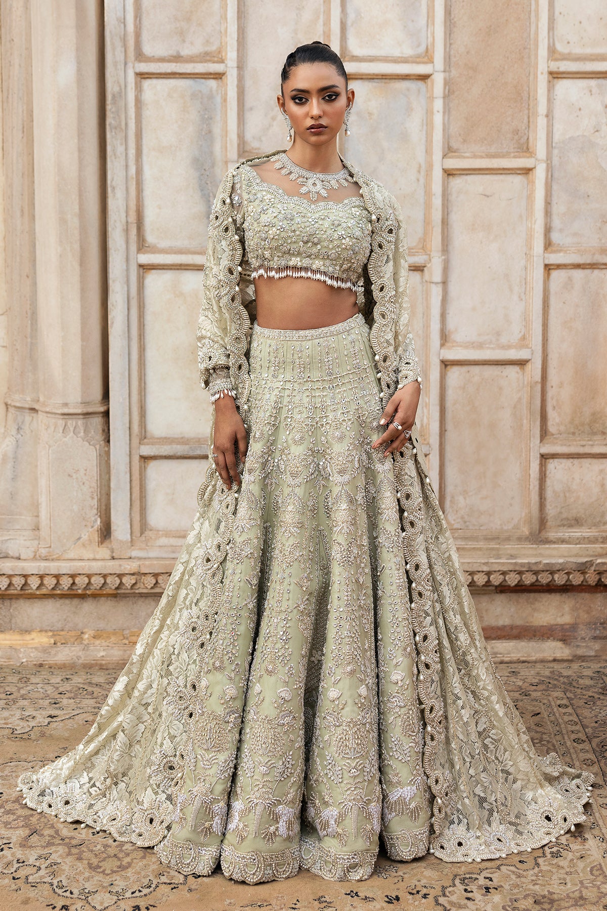 Pakistani Pistachio Green Embellished Silk Blend Lehenga (3-Piece) - Image 5