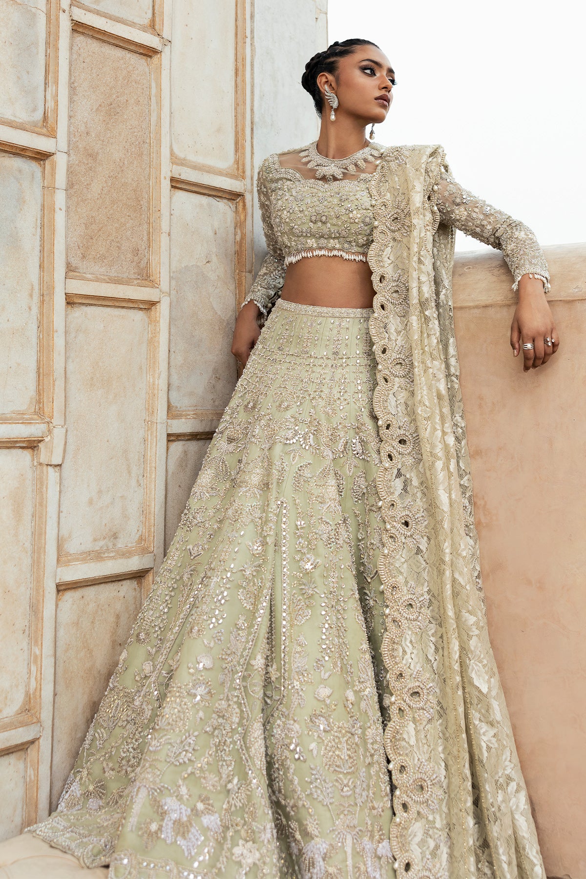 Pakistani Pistachio Green Embellished Silk Blend Lehenga (3-Piece) - Image 6