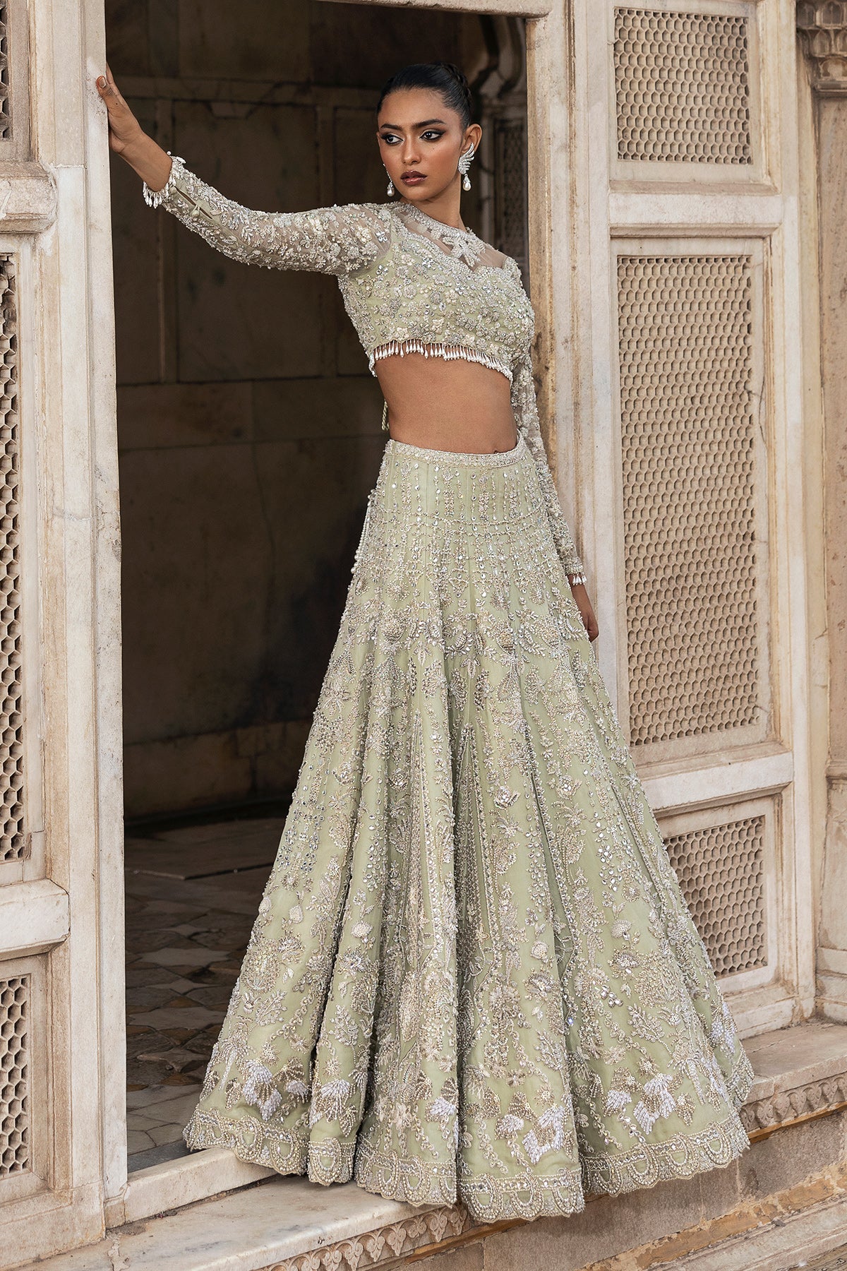 Pakistani Pistachio Green Embellished Silk Blend Lehenga (3-Piece) - Image 7