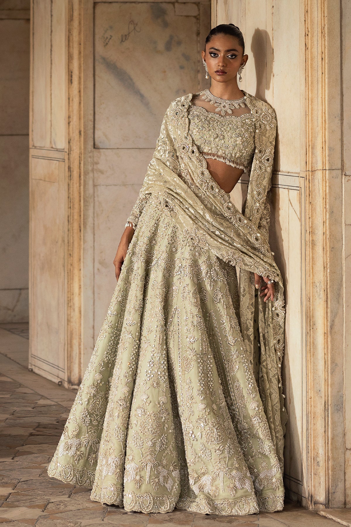 Pakistani Pistachio Green Embellished Silk Blend Lehenga (3-Piece) - Image 8