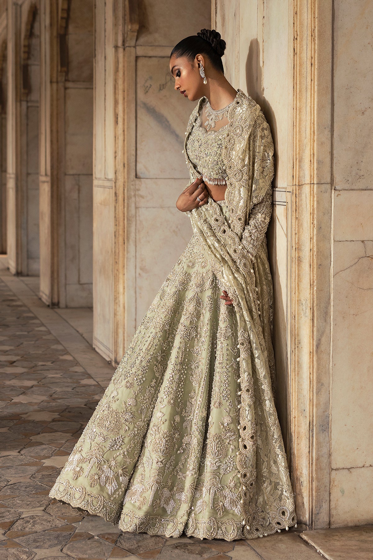 Pakistani Pistachio Green Embellished Silk Blend Lehenga (3-Piece) - Image 9