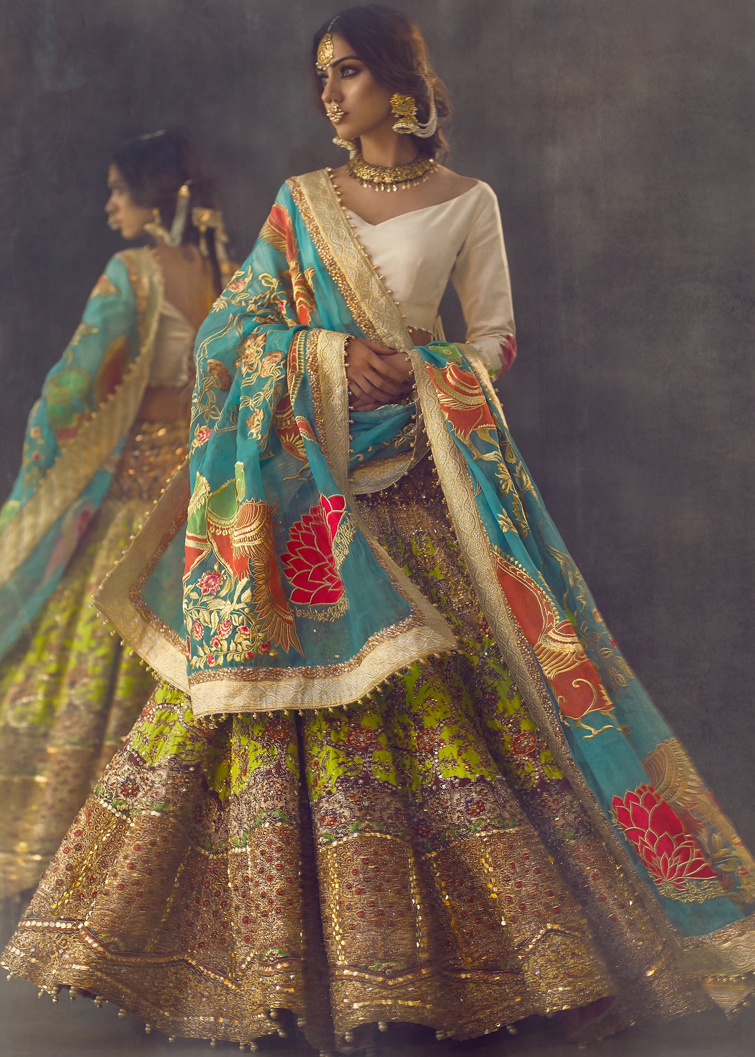 Pastel Jade Embroidered Silk-Blend Lehenga (3-Piece) - Image 1