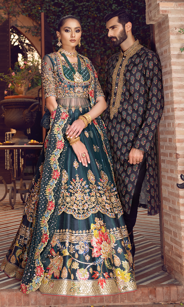 Bottle Green Handworked Silk-Blend Lehenga (3-Piece) - Image 11