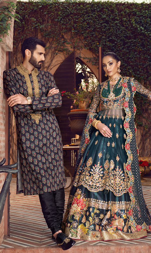 Bottle Green Handworked Silk-Blend Lehenga (3-Piece) - Image 12