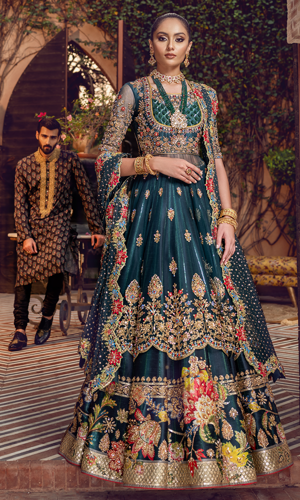 Bottle Green Handworked Silk-Blend Lehenga (3-Piece) - Image 2