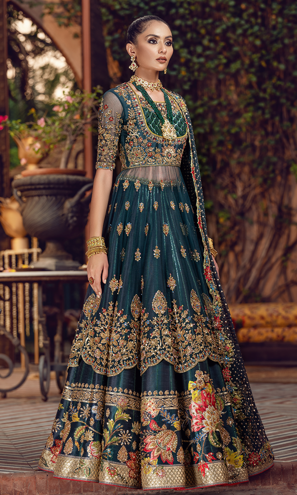 Bottle Green Handworked Silk-Blend Lehenga (3-Piece) - Image 3