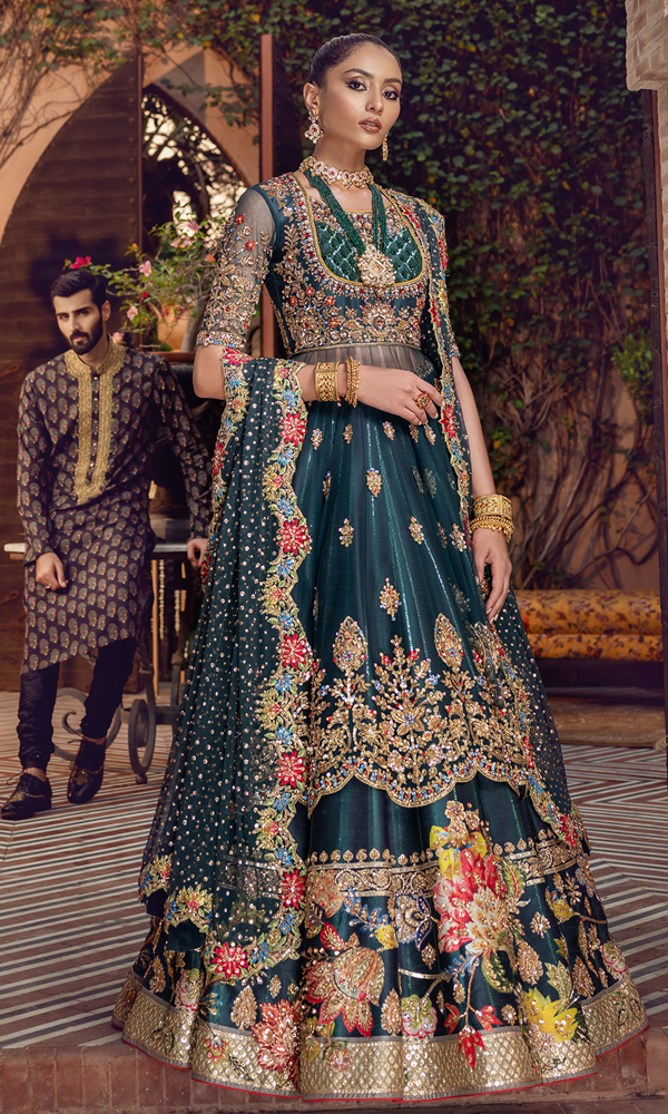Bottle Green Handworked Silk-Blend Lehenga (3-Piece) - Image 4
