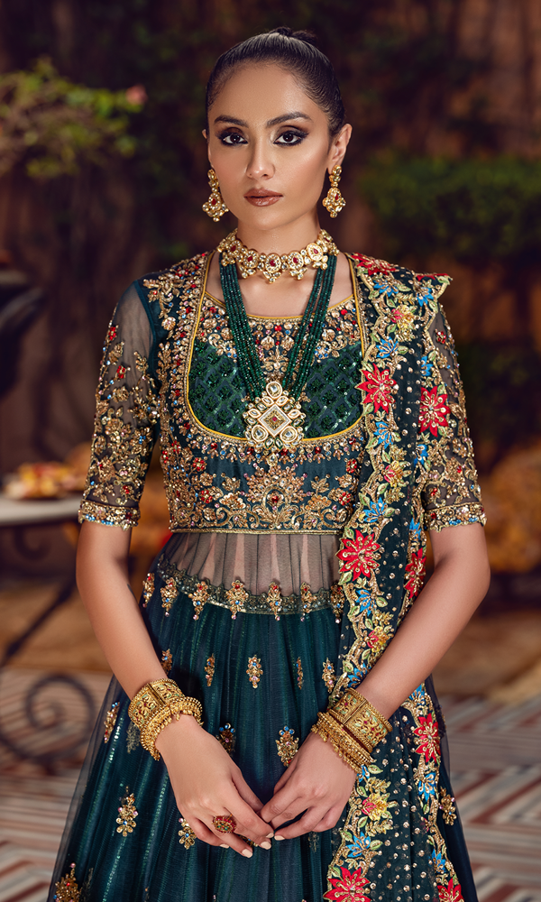 Bottle Green Handworked Silk-Blend Lehenga (3-Piece) - Image 5