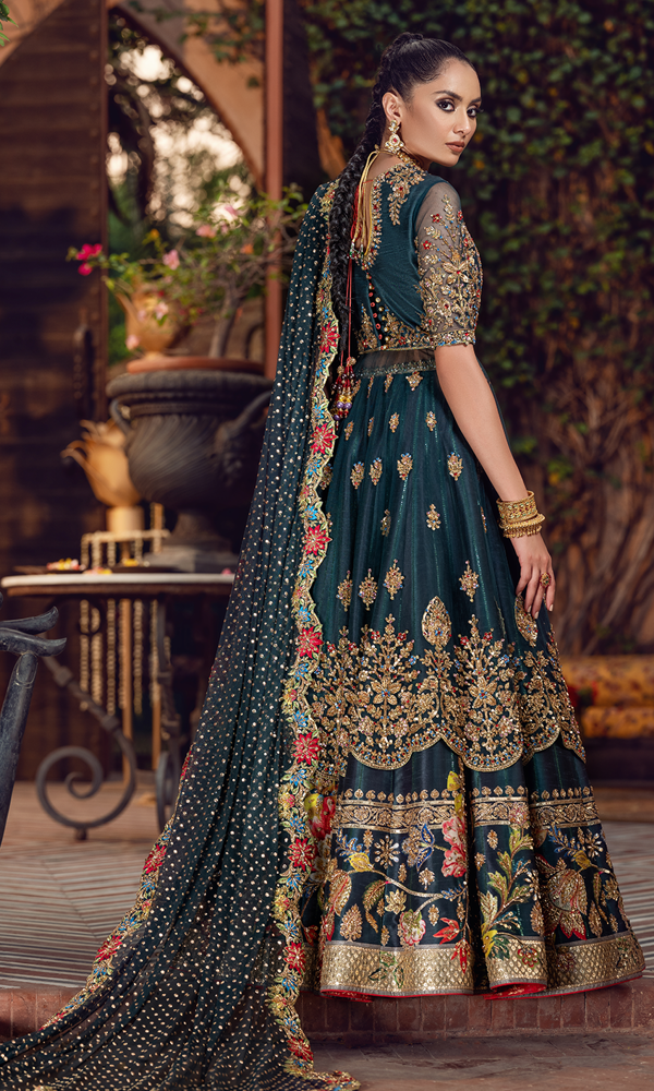 Bottle Green Handworked Silk-Blend Lehenga (3-Piece) - Image 7