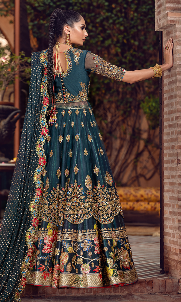 Bottle Green Handworked Silk-Blend Lehenga (3-Piece) - Image 8