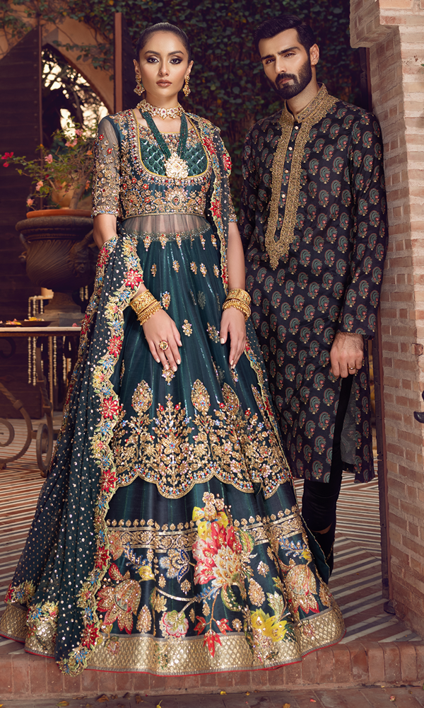 Bottle Green Handworked Silk-Blend Lehenga (3-Piece) - Image 9