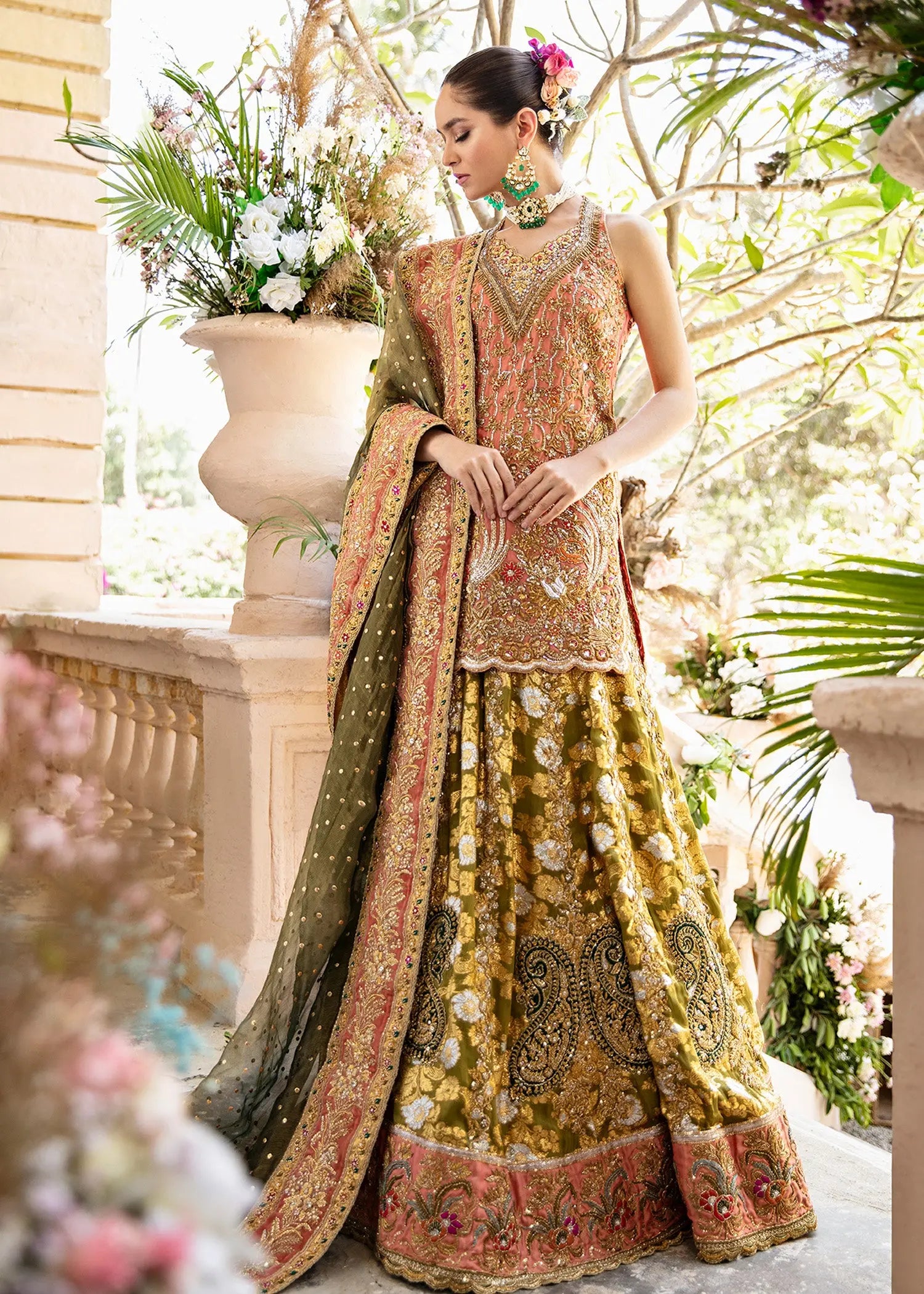 Pakistani Olive Green and Peach Embroidered Silk Bridal Lehenga (3-Piece) - Image 1