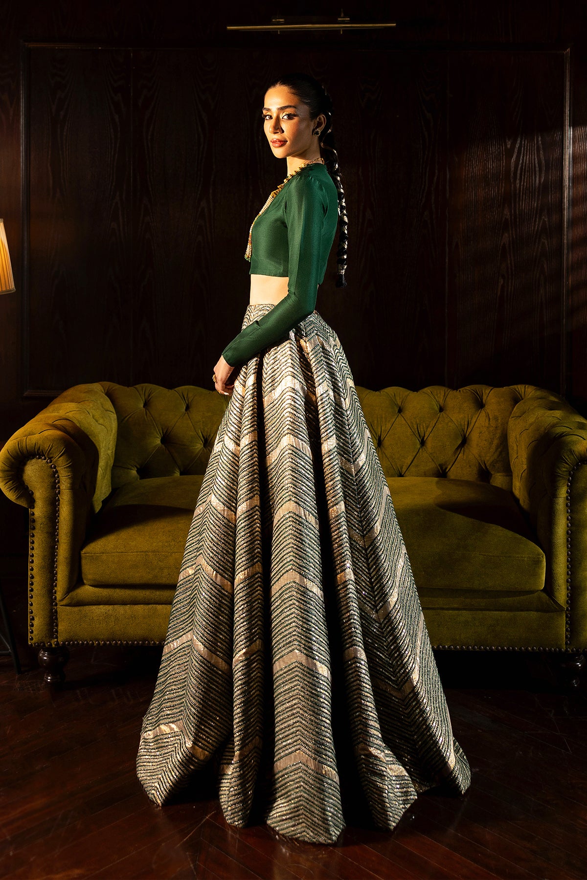 Pakistani Emerald Gold Zardozi Silk-Blend Lehenga (2-Piece) - Image 1