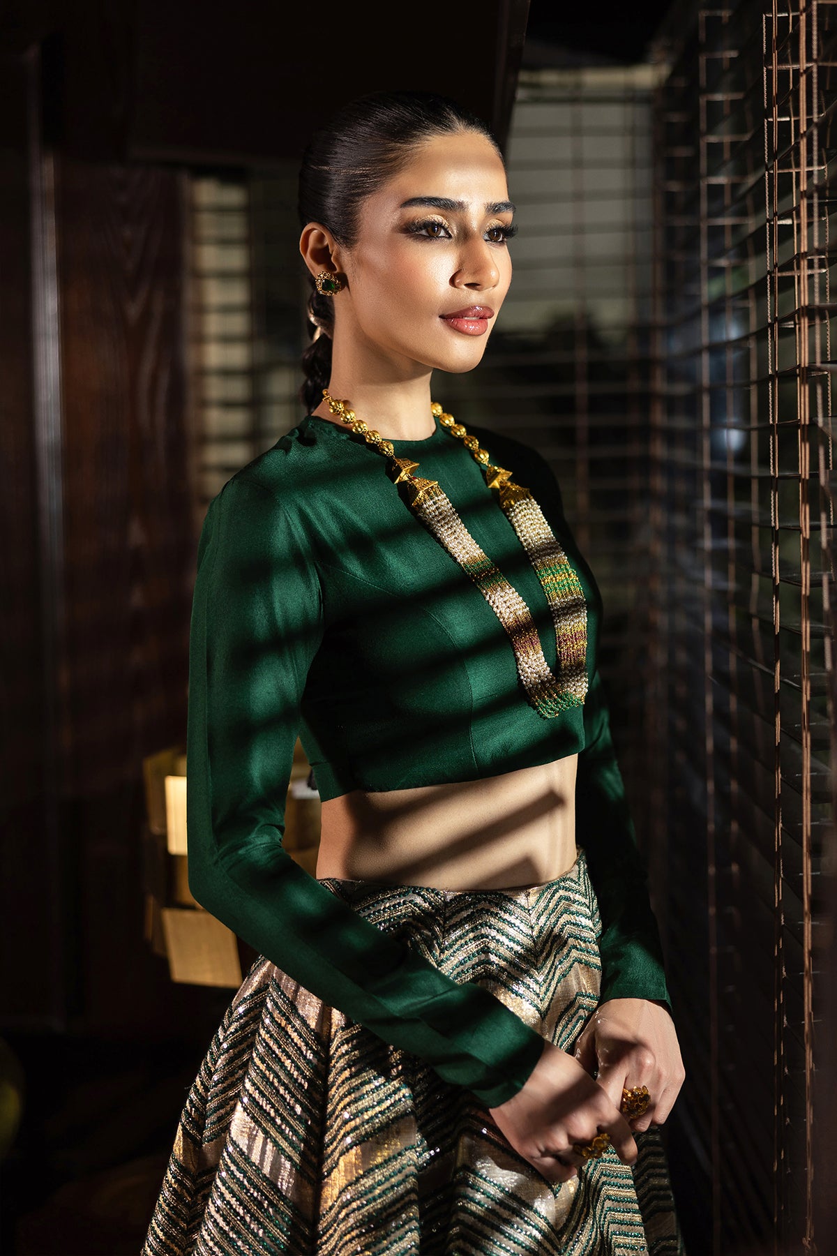 Pakistani Emerald Gold Zardozi Silk-Blend Lehenga (2-Piece) - Image 10