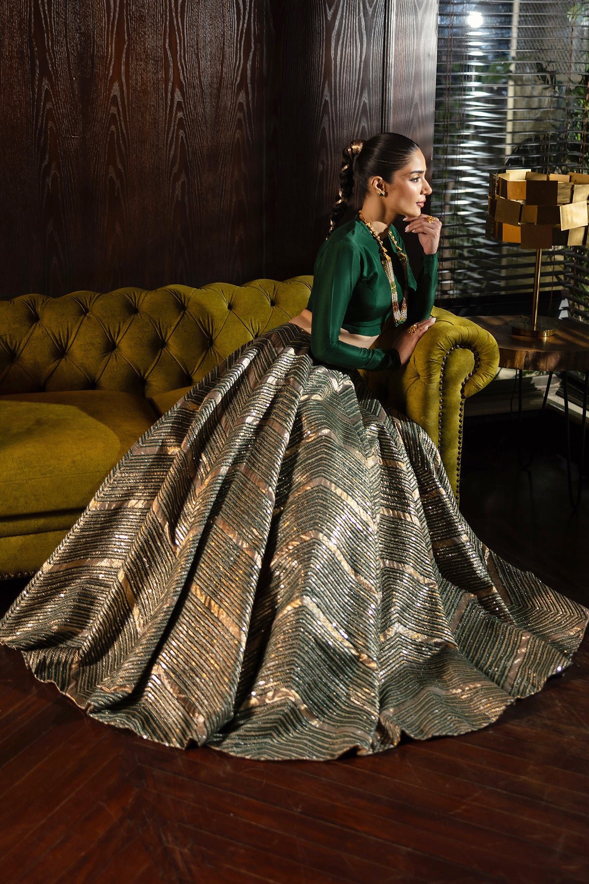 Pakistani Emerald Gold Zardozi Silk-Blend Lehenga (2-Piece) - Image 4