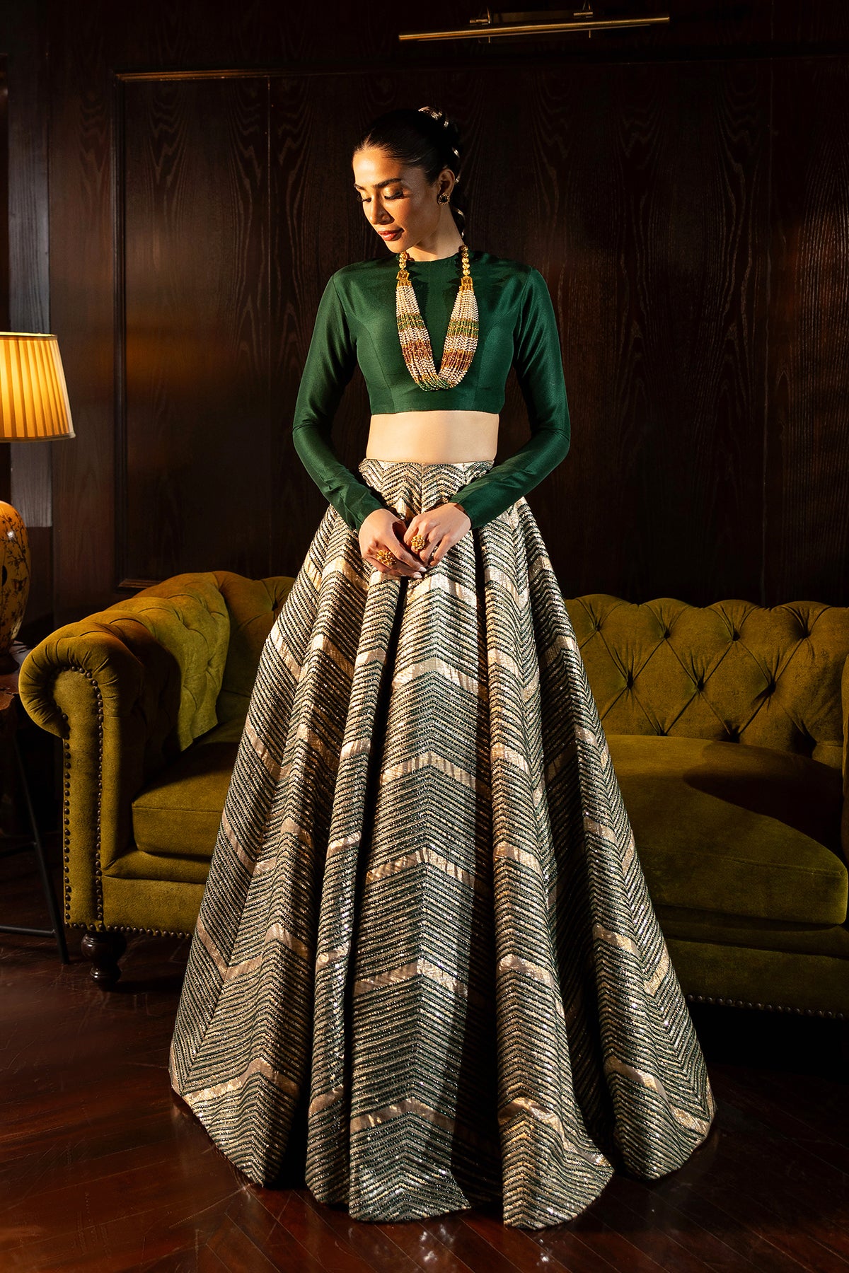 Pakistani Emerald Gold Zardozi Silk-Blend Lehenga (2-Piece) - Image 5