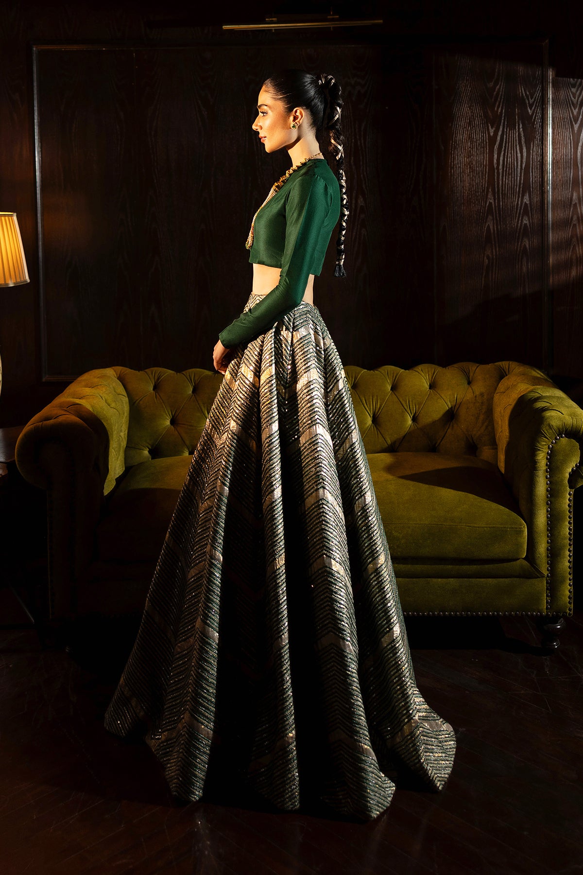 Pakistani Emerald Gold Zardozi Silk-Blend Lehenga (2-Piece) - Image 6