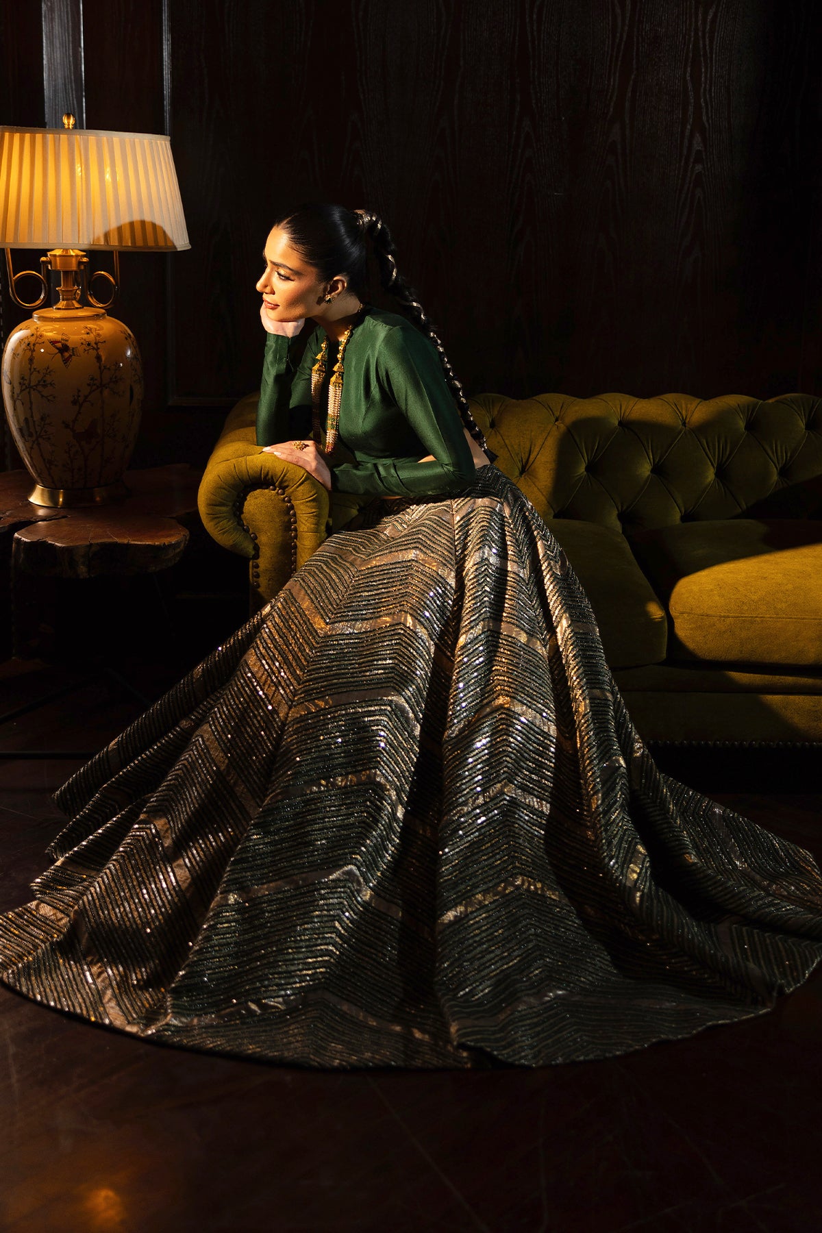 Pakistani Emerald Gold Zardozi Silk-Blend Lehenga (2-Piece) - Image 7