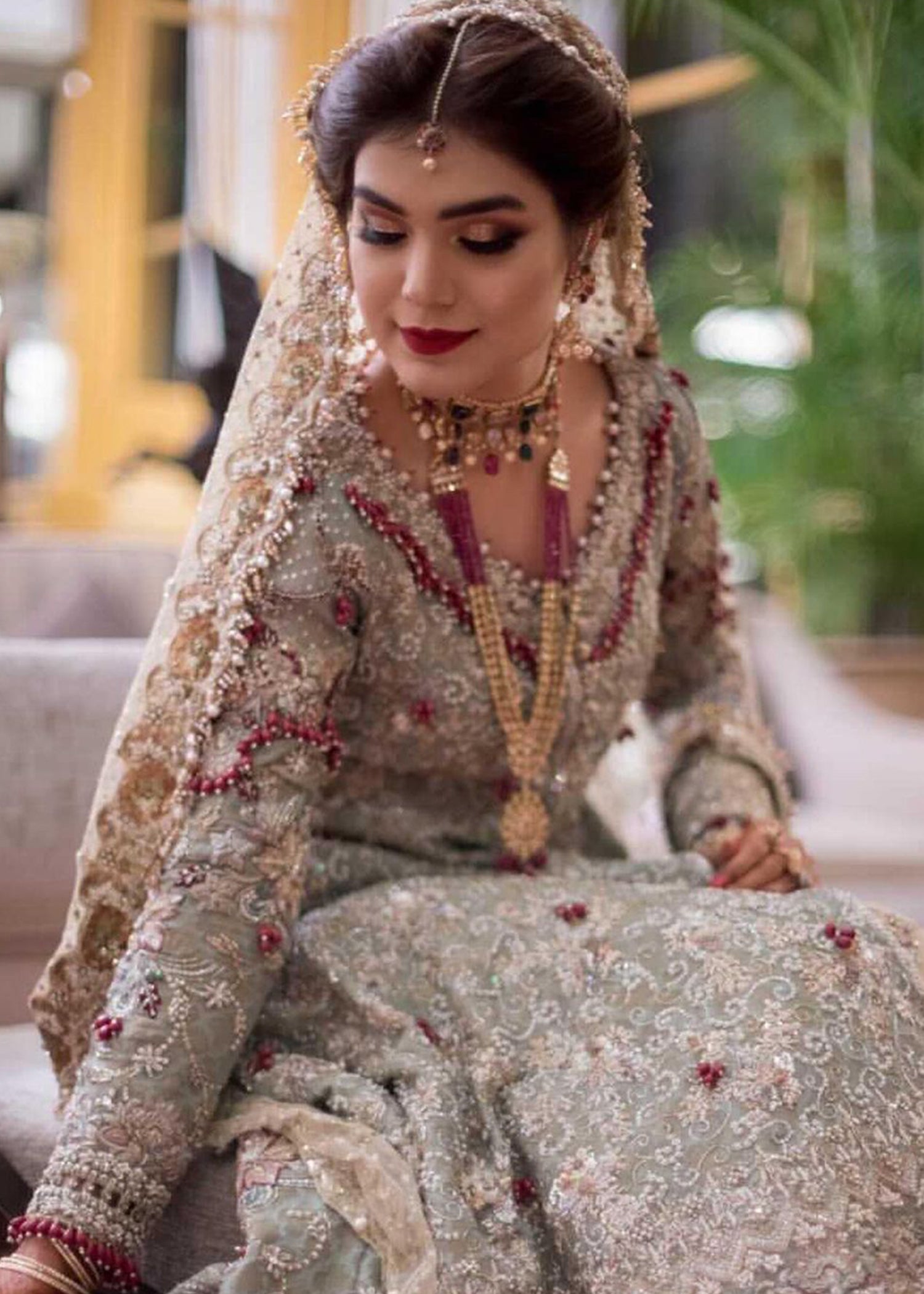 Sage Green Embellished Silk-Blend Bridal Lehenga (3-Piece) - Image 3