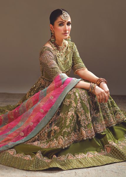 Indian Moss Green Zardozi Silk-Blend Lehenga (3-Piece) - Image 10