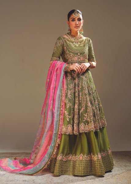 Indian Moss Green Zardozi Silk-Blend Lehenga (3-Piece) - Image 2