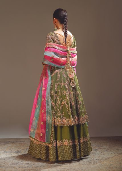 Indian Moss Green Zardozi Silk-Blend Lehenga (3-Piece) - Image 4