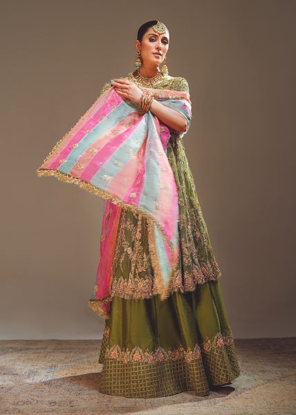 Indian Moss Green Zardozi Silk-Blend Lehenga (3-Piece) - Image 5